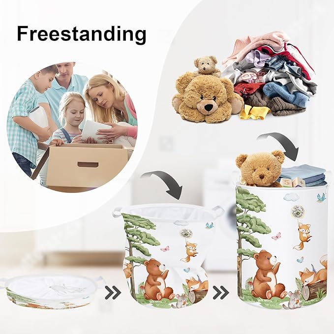 Forest Animals Baby Laundry Hamper Collapsible Clothes Kids Storage Basket Bear Fox Large Boys Girls Gift Toy Box Bin for Nursery, Squirrels, 63L