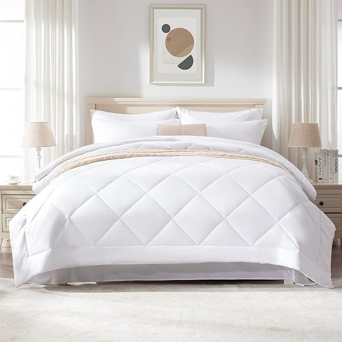Love's cabin Full Comforter Set White, 7 Pieces Full Bed in a Bag, All Season Bedding Sets with 1 Comforter, 1 Flat Sheet, 1 Fitted Sheet, 2 Pillowcase and 2 Pillow Sham | Soft, Breathable, Lightweight, Comfortable