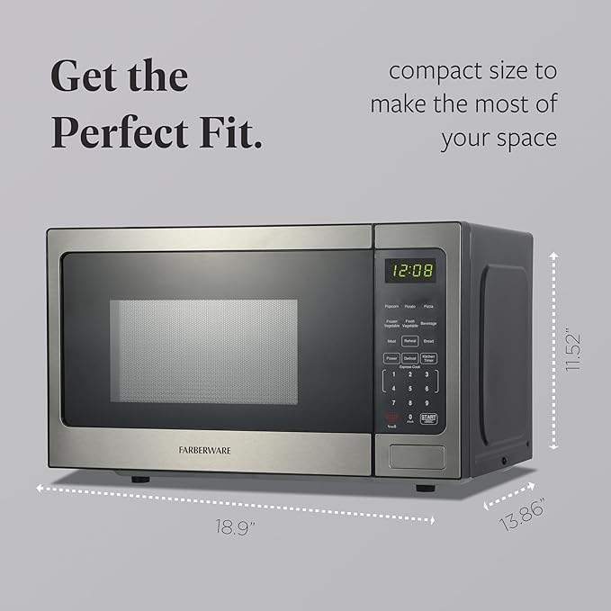 Farberware 0.9 Cu. Ft. Countertop Microwave Oven – 900 Watts Power, Auto Cook Settings, Defrost, Easy Clean and Child Safety Lock - Stainless