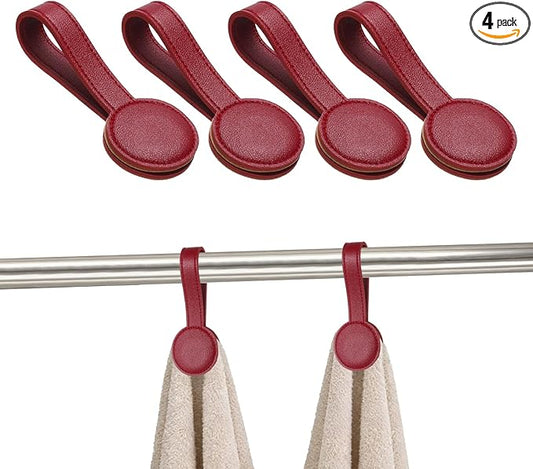 uxcell 4 Pcs Kitchen Magnetic Towel Clips, Leather Towel Holder Clip Multi-Purpose Hand Hooks Kitchen Accessories for Oven Handles Bars Racks, Red