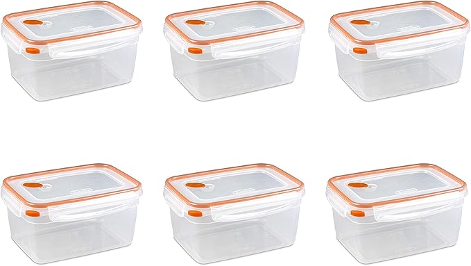 Sterilite Ultra-Seal 12 Cup Rectangle, Airtight Food Storage Container, Latching Lid, Microwave and Dishwasher Safe, Clear With Orange Gasket, 6-Pack