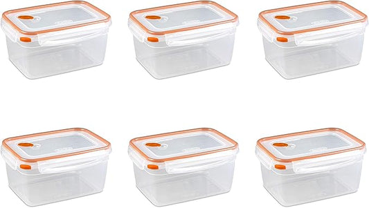Sterilite Ultra-Seal 12 Cup Rectangle, Airtight Food Storage Container, Latching Lid, Microwave and Dishwasher Safe, Clear With Orange Gasket, 6-Pack