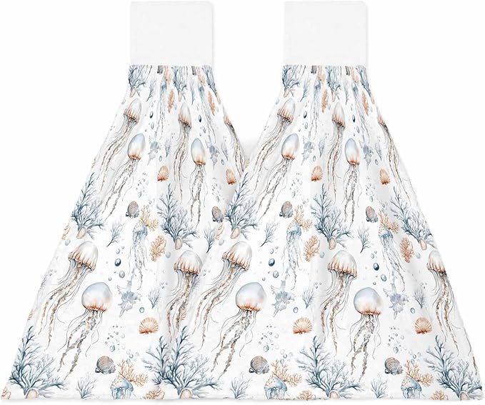 Alandar Home Kitchen Tie Towel Set of 2, Summer Marine Life Jellyfish Absorbent Soft Hand Towels for Bathroom Hanging Towels, Watercolor Starfish Conch Fast Drying Cleaning Cloth with Loop