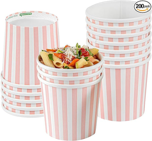 Restaurantware Bio Tek 12 Ounce Soup Containers 200 Durable Soup Bowls - Disposable Sustainable Pink And White Paper Soup Cups Striped Round For Hot Or Cold Foods
