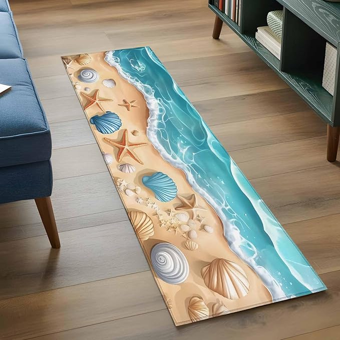 Runner Rug for Bedroom Hallway, Summer Beach Shell Starfish Kitchen Runner Rugs Area Rug 2x6ft, Marine Life Cartoon Style Washable Soft Floor Carpet for Entryway Stair