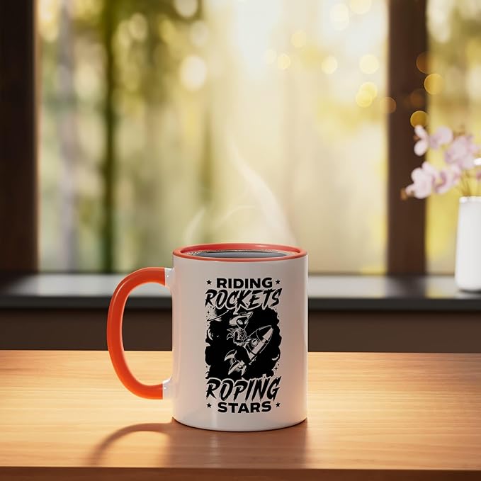 Alien Lover Flying Saucer UFO Extraterrestrial Cowboy Ceramic Mug, Orange/White