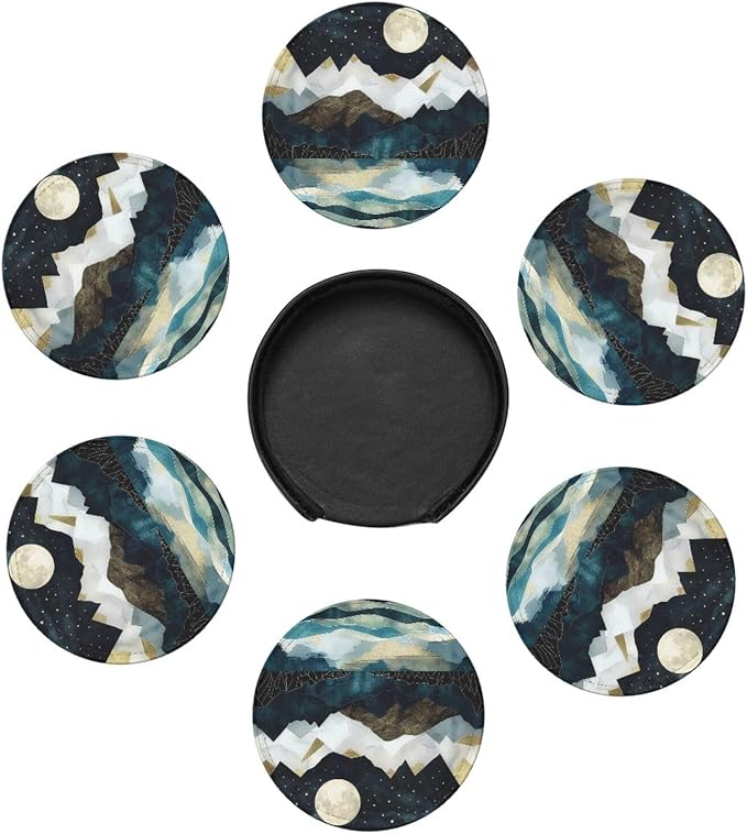 Mountain Sunset Leather Drinks Coasters with Holder Set of 6, Suitable for Kinds of Cups