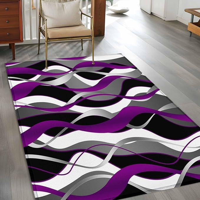 Area Rug 4x6ft, Abstract Purple Gray Black White Stripes Washable Rugs for Living Room Bedroom, Modern Lines Soft Non-Slip Area Rugs Rectangle Floor Carpet for Dining Room