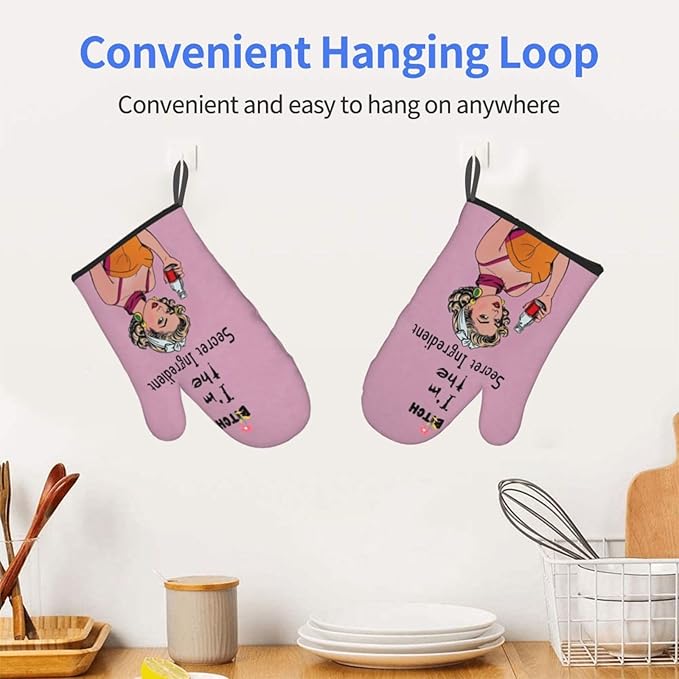 Oven Mitts of 2-Pack Set, Biich I Am The Secret Ingredient, Funny Kitchen Gloves Heat Resistant Non-Slip Kitchen Mitts Safe Cooking Baking Grilling