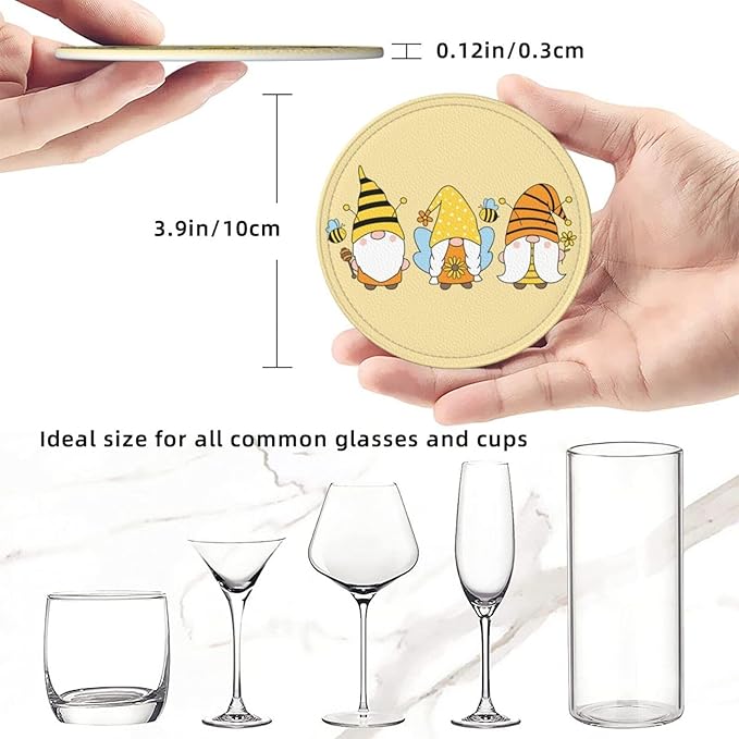 Famame 6 Pcs Happy Bee Gnome Sunflower Leather Coasters for Drinks with Holder Coaster Sets Drink Table Cup Coasters for Living Room Kitchen Coffee Decor