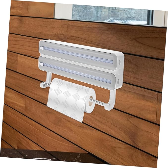 SHOWERORO Kitchen Wrap Dispenser with Cutter Dual-layer Foil and Cling Film Organizer for Effortless Cutting Material Grey Home and Professional Use