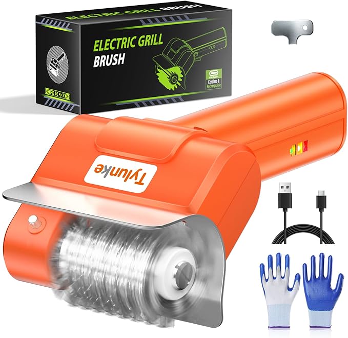 Electric Grill Brush - BBQ Grill Cleaning Tools with 800 RPM Brush Head,3000mAh Battery and 304 Stainless Steel Bristles, Cordless Rechargeable Grill Cleaner for Outdoor (Orange)