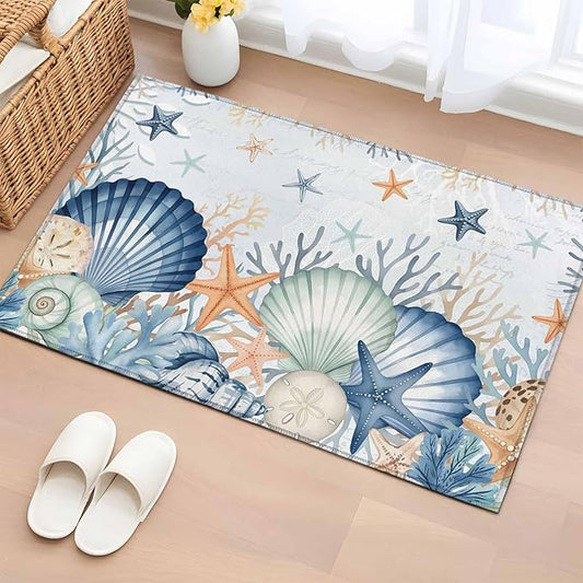 Area Rug 2x3ft, Underwater Shells Starfish on Blue Washable Rugs for Living Room Bedroom, Colorful Coral Soft Non-Slip Area Rugs Rectangle Floor Carpet for Dining Room
