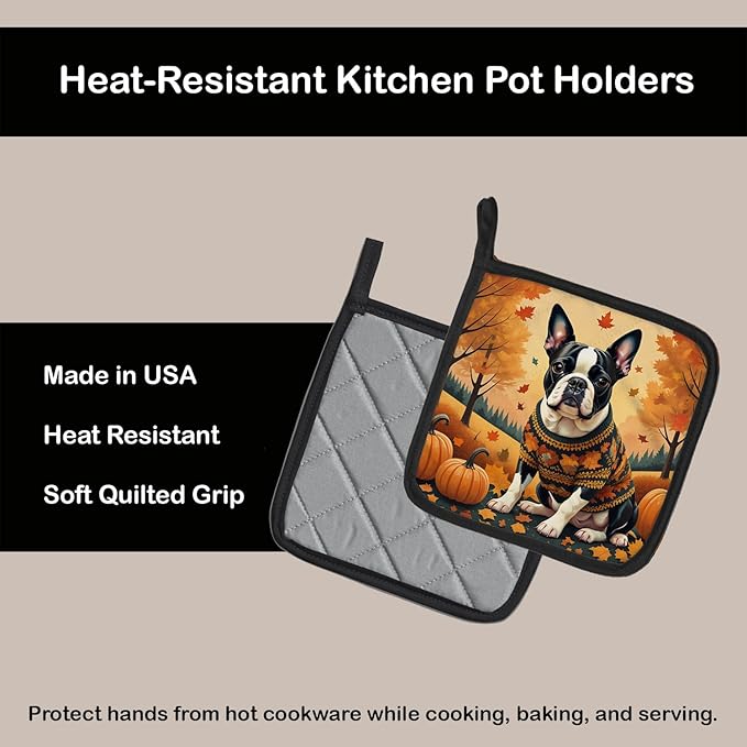 Caroline's Treasures DAC1024PTHD Boston Terrier Fall Pair of Pot Holders Kitchen Heat Resistant Pot Holders Sets Oven Hot Pads for Cooking Baking BBQ, 7 1/2 x 7 1/2