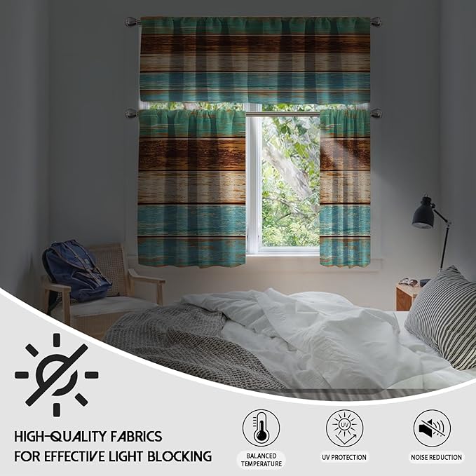 MCALK Teal and Brown Blackout Kitchen Curtains Tiers and Valances for Windows, Farmhouse Kitchen Window Curtains, Wooden Texture Valances for Living Room (36" Tiers Set)