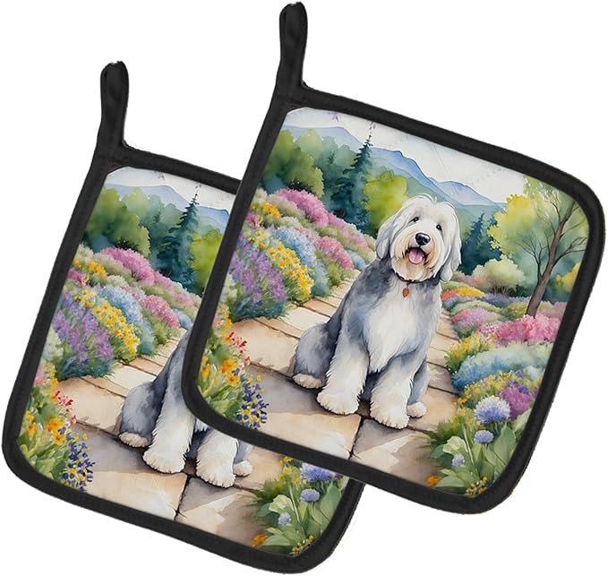 Caroline's Treasures Old English Sheepdog Spring Path Pair of Pot Holders Kitchen Heat Resistant Pot Holders Sets Oven Hot Pads for Cooking Baking BBQ, 7 1/2 x 7 1/2