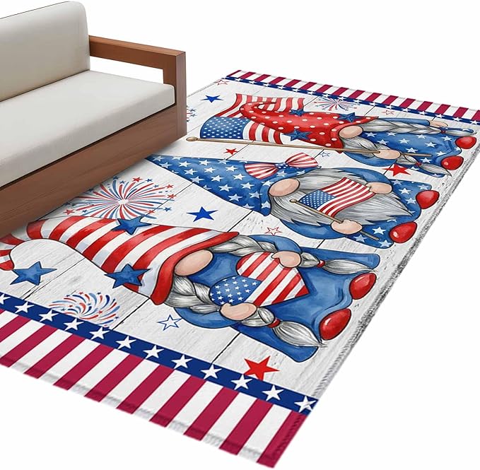 Area Rug 3x5ft, Independence Day USA Flag Star Dwarf Washable Rugs for Living Room Bedroom, Stripes on Wood Grain Soft Non-Slip Area Rugs Rectangle Floor Carpet for Dining Room