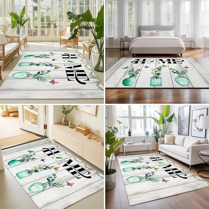 Area Rug 9x12ft, Summer Eucalyptus Leaf Colorful Butterfly Washable Rugs for Living Room Bedroom Rectangle Floor Carpet, Home Text Wood Plank Soft Non-Slip Area Rugs for Dining Room