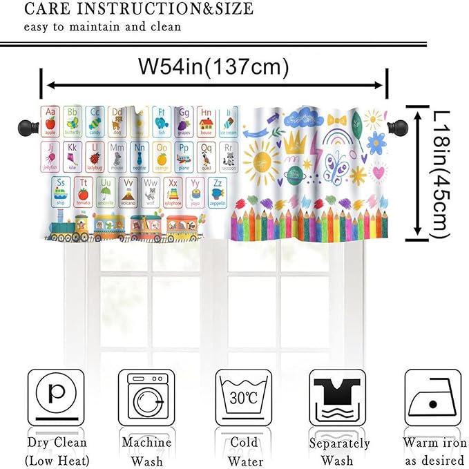 Kids ABC Alphabet Valance, Colorful Cartoon Style Educational Learning Letter Train Crayon Small Window Treatment for Kitchen Dining Room Bedroom Nursery Classroom, 54x18Inch