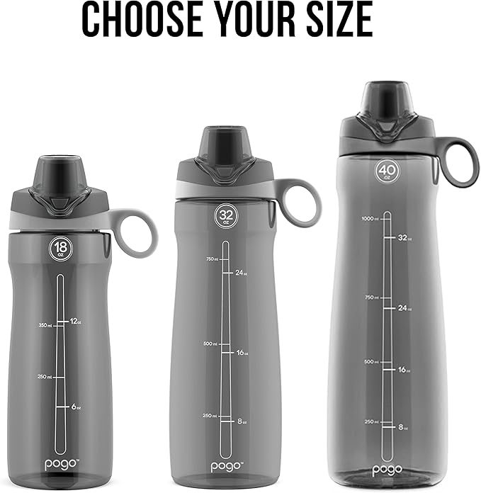 Pogo Plastic Water Bottle with Chug Lid and Carry Handle, Reusable, BPA Free, Dishwasher Safe, Perfect for Travel, School, Outdoors, and Gym | 18oz, 32oz, 40oz, 64oz