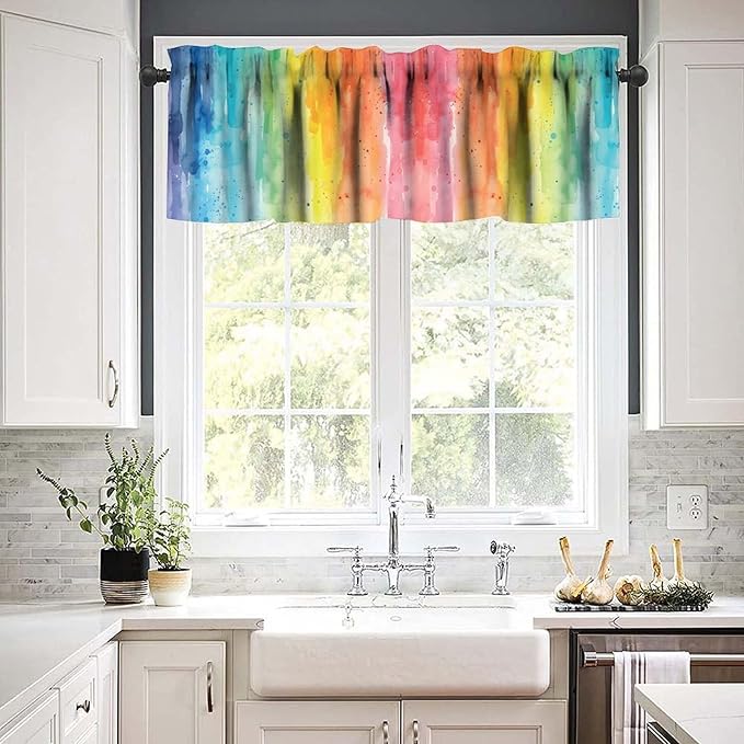 Rainbow Watercolor Valance Curtain, Colorful Colour Pigment Stripe Short Window Treatment for Kids Boys Girls Kitchen Bedroom Nursery Decor, 54x18Inch