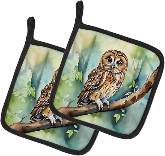 Caroline's Treasures Tawny Owl Pair of Pot Holders Kitchen Heat Resistant Pot Holders Sets Oven Hot Pads for Cooking Baking BBQ, 7 1/2 x 7 1/2