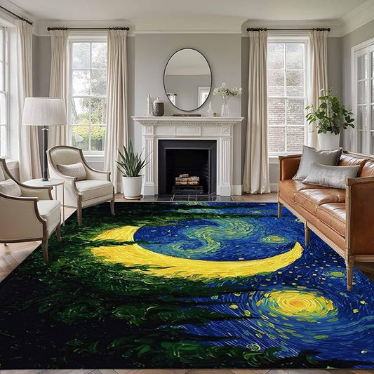 Area Rug 8x10ft, Giant Moon Forest Expressionist Art Washable Rugs for Living Room Bedroom, Dreamy Night Navy Blue Soft Non-Slip Area Rugs Rectangle Floor Carpet for Dining Room