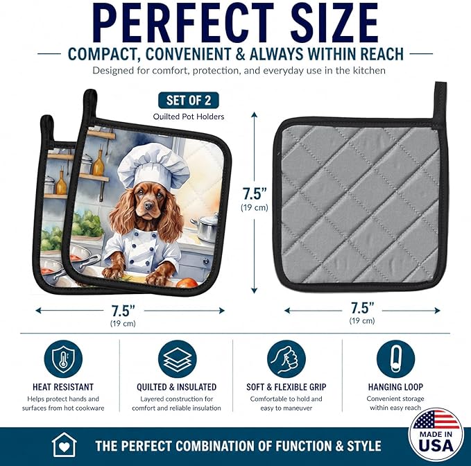 Caroline's Treasures Cocker Spaniel The Chef Pair of Pot Holders Kitchen Heat Resistant Pot Holders Sets Oven Hot Pads for Cooking Baking BBQ, 7 1/2 x 7 1/2