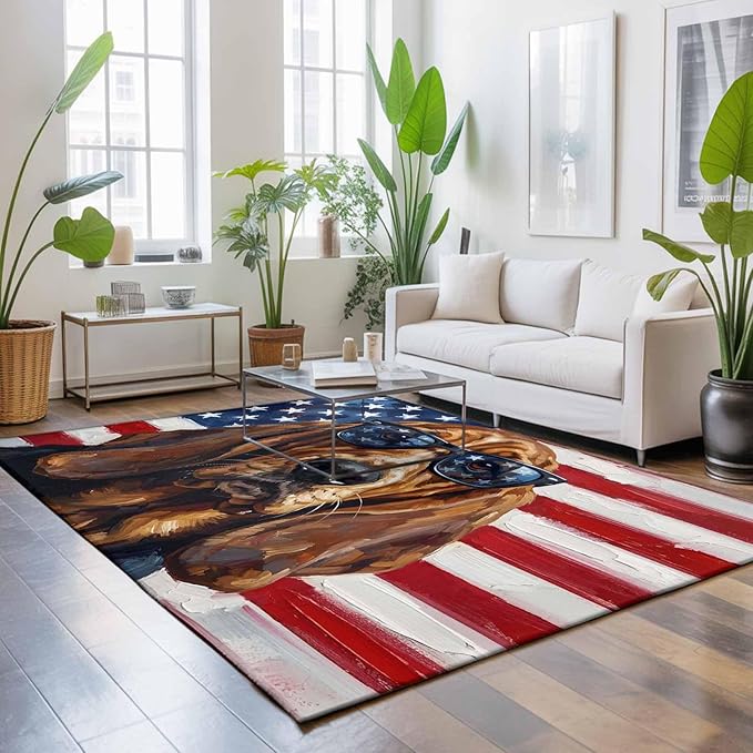 Area Rug 8x10ft, Independence Day USA Flag Washable Rugs for Living Room Bedroom, Basset Hound Patriotic Sunglasses Soft Non-Slip Area Rugs Rectangle Floor Carpet for Dining Room