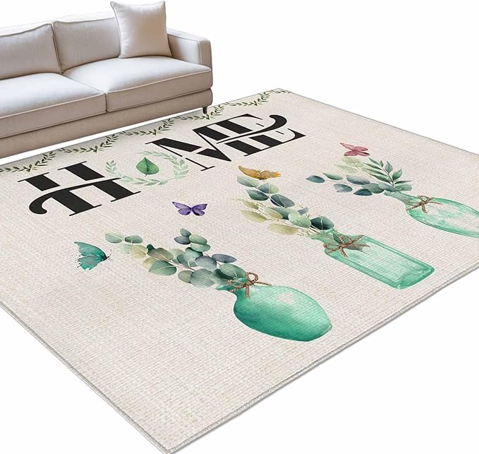 Area Rug 9x12ft, Rustic Home Text Eucalyptus Leaf Washable Rugs for Living Room Bedroom Rectangle Floor Carpet, Farmhouse Butterfly Retro Linen Soft Non-Slip Area Rugs for Dining Room