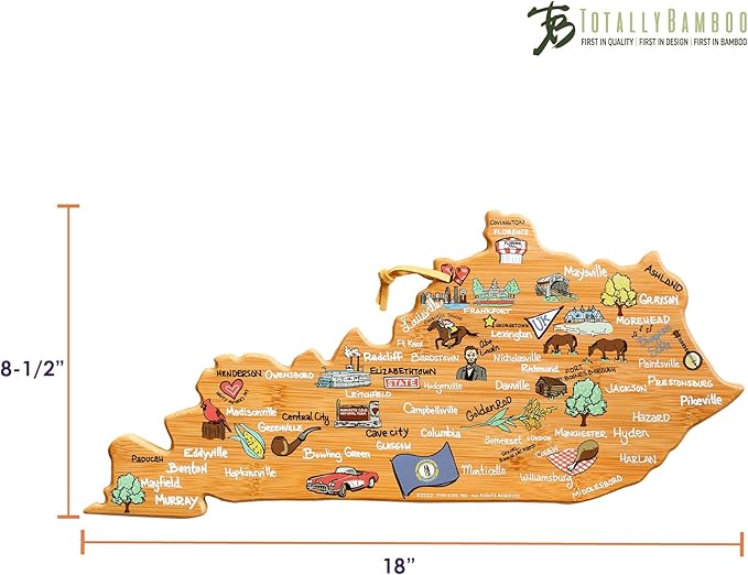 Totally Bamboo Kentucky State Shaped Cutting Board and Charcuterie Serving Platter with Artwork by Fish Kiss, Includes Hang Tie for Wall Display
