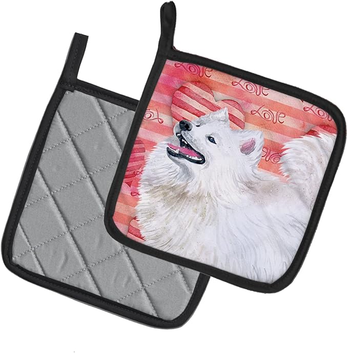 Caroline's Treasures BB9778PTHD Samoyed Love Pair of Pot Holders, Red Kitchen Heat Resistant Pot Holders Sets Oven Hot Pads for Cooking Baking BBQ, 7 1/2 x 7 1/2