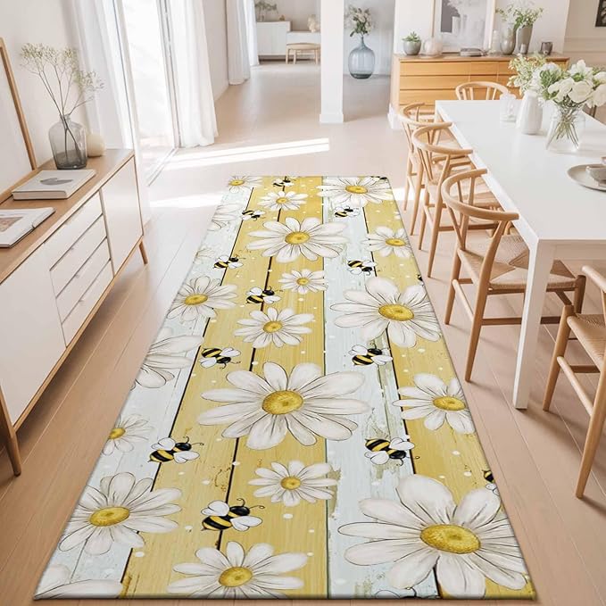 Runner Rug for Bedroom Hallway, Summer Rustic Daisy Flower Bee Kitchen Runner Rugs Area Rug 2x6ft, Blossom Floral Yellow Wooden Washable Soft Floor Carpet for Entryway Stair