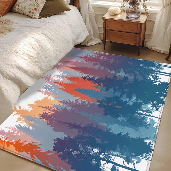 Area Rug 3x5ft, Abstract Trees Forest Silhouette Washable Rugs for Living Room Bedroom, Natural Scene Plants Soft Non-Slip Area Rugs Rectangle Floor Carpet for Dining Room