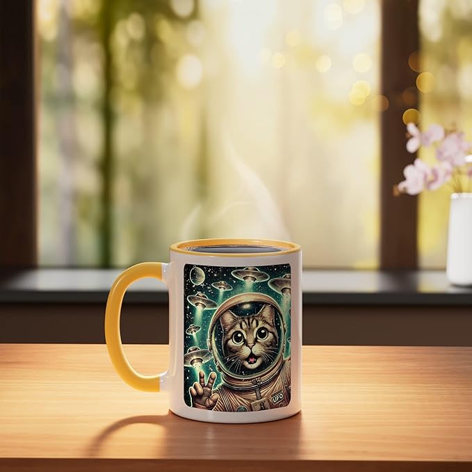Space Cat Astronaut UFO Funny Sci-fi Alien Selfie Ceramic Mug, Yellow/White