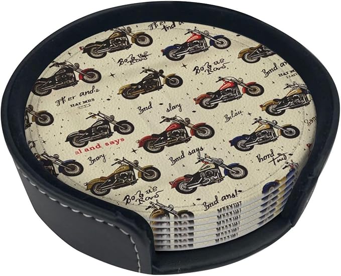 Motorcycles Leather Drinks Coasters with Holder, Set of 6, Suitable for Various Cups