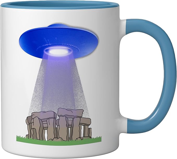 Funny UFO Stonehenge mystery stone circle flying saucer Ceramic Mug, Blue/White