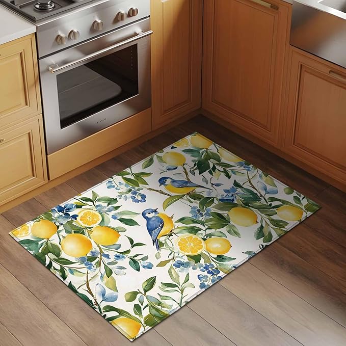 Area Rug 2x3ft, Pastoral Vintage Lemon Blue Bird Washable Rugs for Living Room Bedroom, Retro Yellow Fruit Flowers Soft Non-Slip Area Rugs Rectangle Floor Carpet for Dining Room