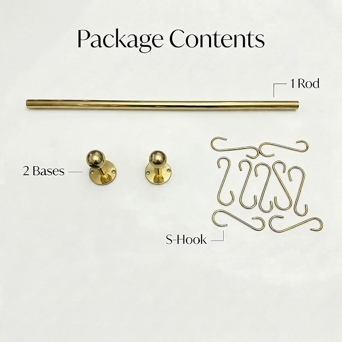 Unlacquered Solid Brass Pot Rack – Wall-Mounted Kitchen Organizer with 6 S-Hooks for Pots, Pans, Lids & Utensils – Heavy Duty Brass Hanging Cookware Storage Rack, Farmhouse & Luxury Kitchen (24 inch)