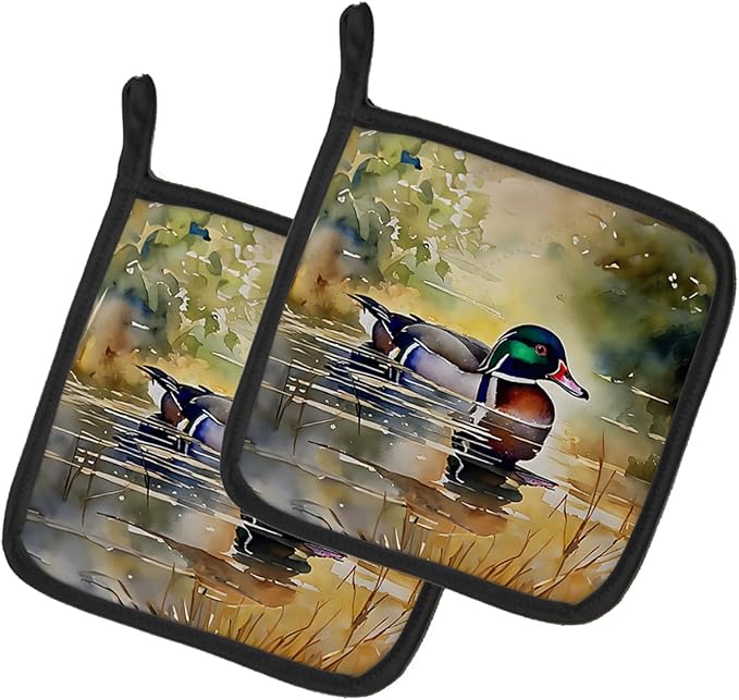 Caroline's Treasures Wood Duck Pair of Pot Holders Kitchen Heat Resistant Pot Holders Sets Oven Hot Pads for Cooking Baking BBQ, 7 1/2 x 7 1/2