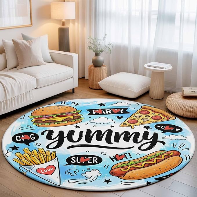 Washable Round Area Rug Cartoon Food Abstract Graffiti Circle Rugs Floor Carpet for Living Room Bedroom, Blue Sky with Clouds Soft Non Slip Round Rug 3ft
