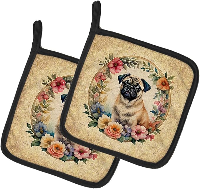Caroline's Treasures Fawn Pug and Flowers Pair of Pot Holders Kitchen Heat Resistant Pot Holders Sets Oven Hot Pads for Cooking Baking BBQ, 7 1/2 x 7 1/2