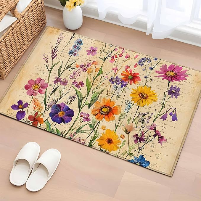 Area Rug 2x3ft, Farmhouse Colorful Small Flower Washable Rugs for Living Room Bedroom, Retro Backdrop Seamless Soft Non-Slip Area Rugs Rectangle Floor Carpet for Dining Room