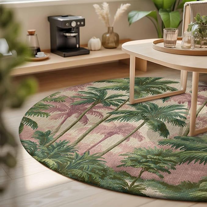 Washable Round Area Rug Exotic Forest Green Pink Palms Tree Circle Rugs Floor Carpet for Living Room Bedroom, Vintage Botantical Soft Non Slip Round Rug 3ft