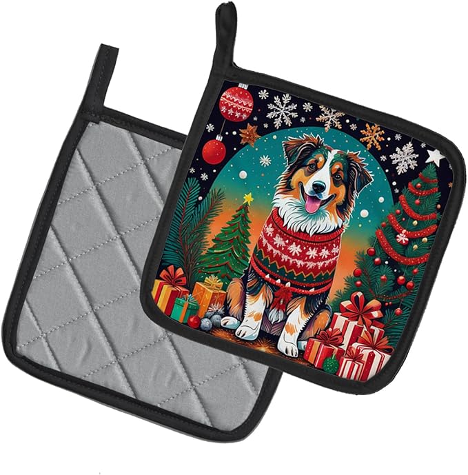Caroline's Treasures Australian Shepherd Christmas Pair of Pot Holders Kitchen Heat Resistant Pot Holders Sets Oven Hot Pads for Cooking Baking BBQ, 7 1/2 x 7 1/2