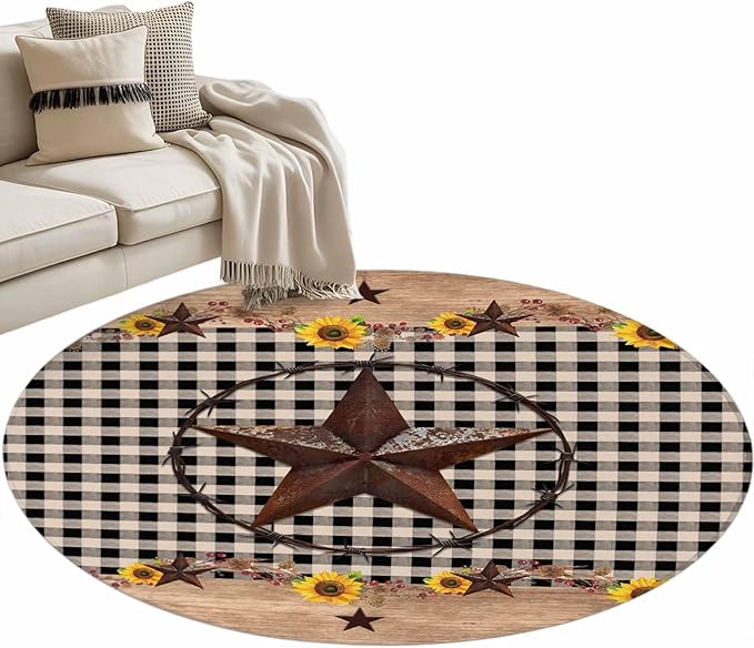 Washable Round Area Rug Western Star Farm Sunflower Circle Rugs Floor Carpet for Living Room Bedroom, Vintage Wood Grain Black Buffalo Plaid Soft Non Slip Round Rug 3ft