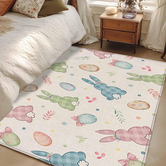 Area Rug 3x5ft, Happy Easter Cute Plaid Bunny Washable Rugs for Living Room Bedroom, Colorful Egg Leaves Farm Linen Soft Non-Slip Area Rugs Rectangle Floor Carpet for Dining Room