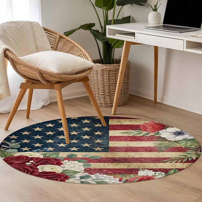 Washable Round Area Rug Independence Day 250th Anniversary Circle Rugs Floor Carpet for Living Room Bedroom, Vintage USA Flag Floral Soft Non Slip Round Rug 3ft