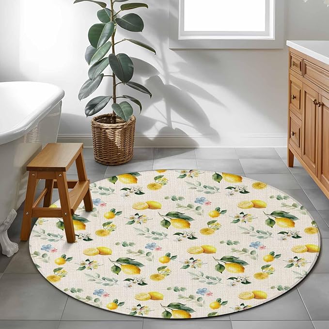Washable Round Area Rug Country Lemon Flower Leaf Circle Rugs Floor Carpet for Living Room Bedroom, Pastoral Fruit Plant Vintage Linen Soft Non Slip Round Rug 3ft