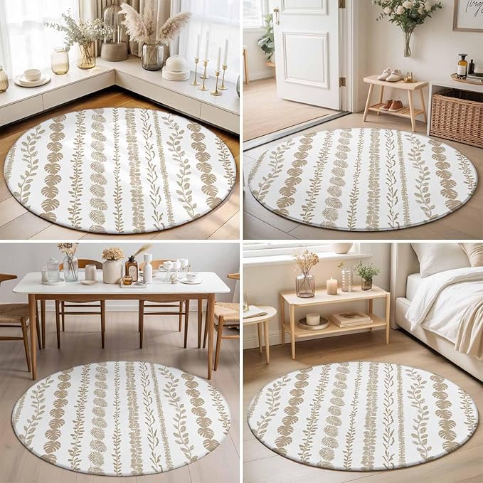 Washable Round Area Rug Farmhouse Monstera Leaf Seamless Circle Rugs Floor Carpet for Living Room Bedroom, Summer Rustic Abstract Leaves Soft Non Slip Round Rug 5ft